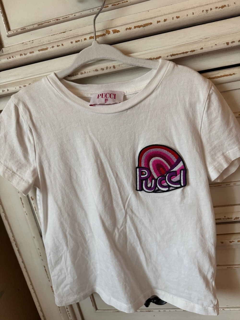 White Kids' Logo Tee with Pink & Red Patch